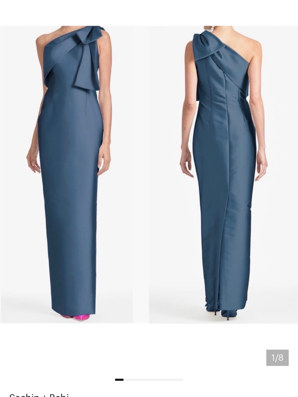 Sachin + Babi One-Shoulder Slate Blue Column Gown with Sculpted Bow